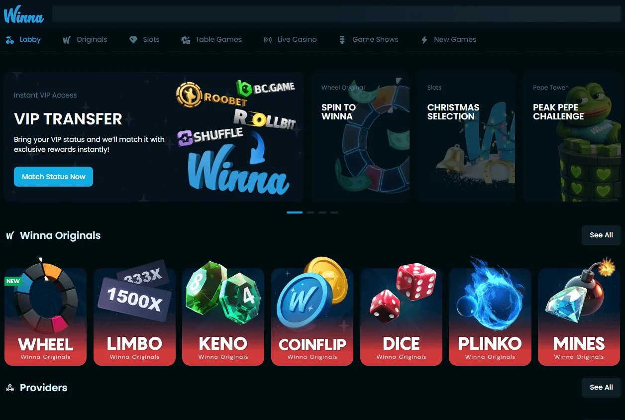 Winna Casino games area on a desktop computer