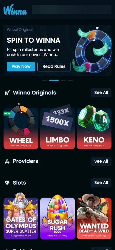 Winna Casino home experience on a mobile device