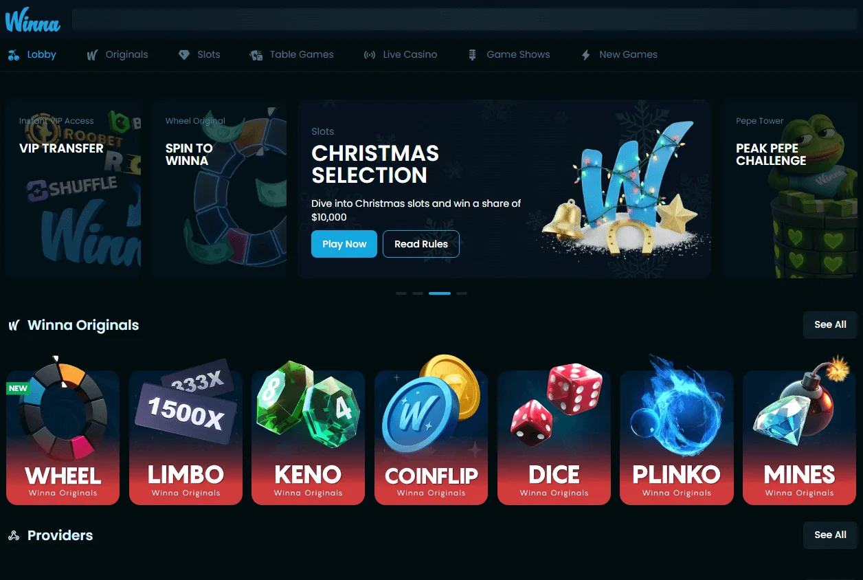 Winna Casino home experience on a desktop computer